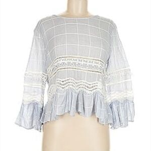 Jonathan Simkhai Blue Plaid Print Bateau Ladder Lace Tiered Blouse